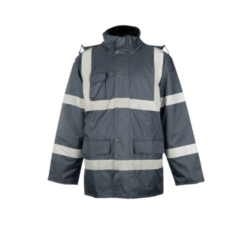 Navy parka jacket with reflective tape